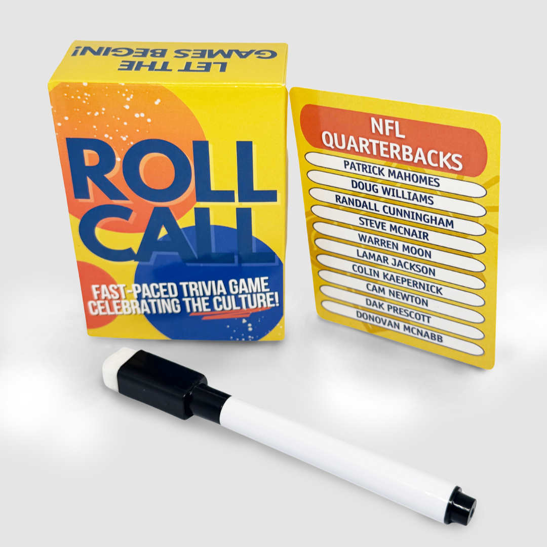 Trivia Game Roll Call next to a game card showing questions about black celebrities 