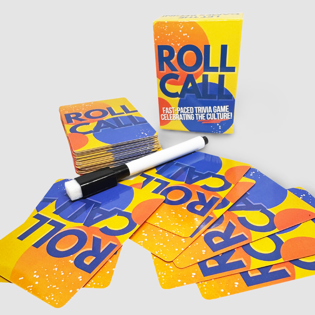 Trivia Game Roll Call with Question Cards on a White Background