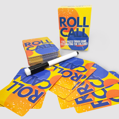 Trivia Game Roll Call with Question Cards on a White Background