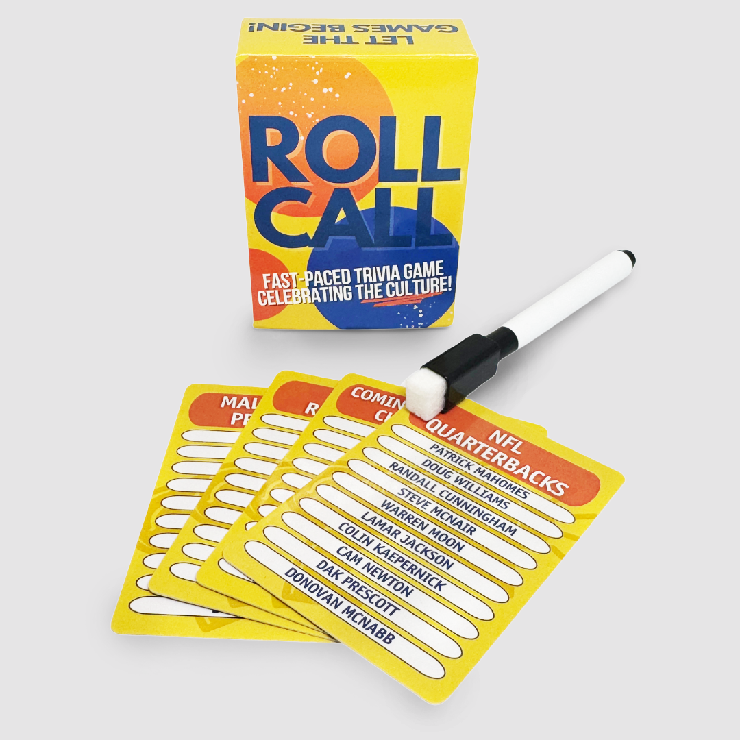 Trivia Game Roll Call and its game cards facing up showing questions about black celebrities 