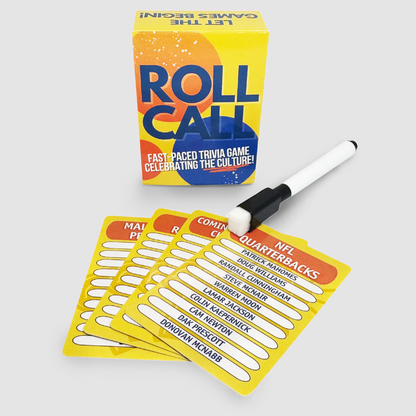 Trivia Game Roll Call and its game cards facing up showing questions about black celebrities 